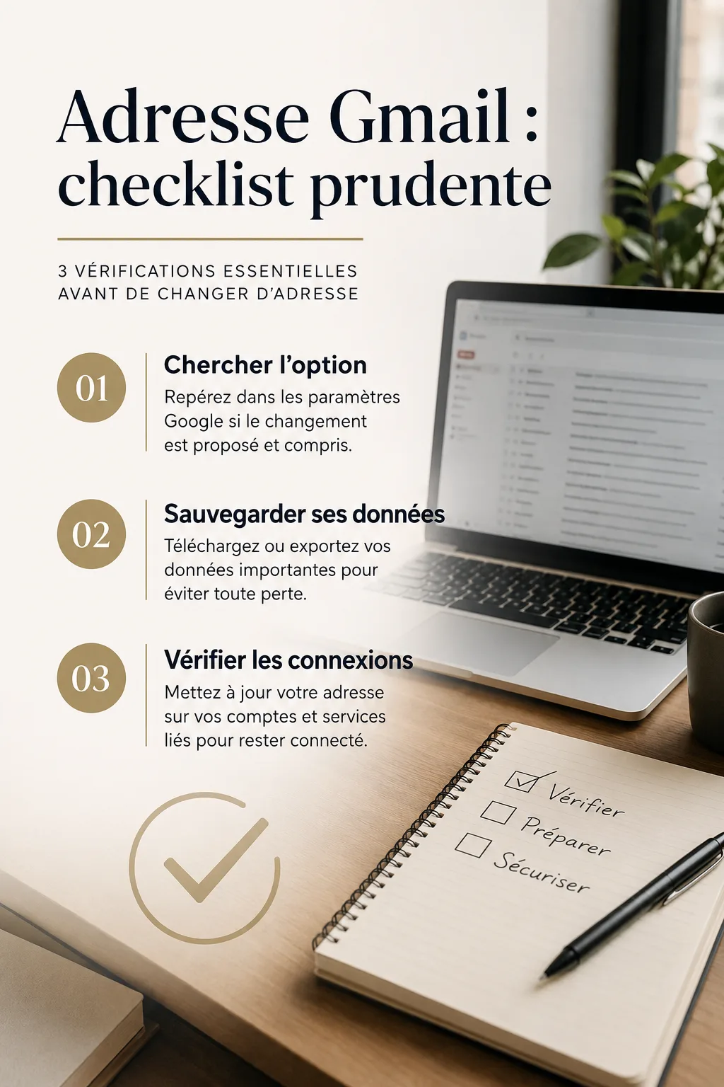 Infographie des vérifications à faire avant de changer une adresse Gmail