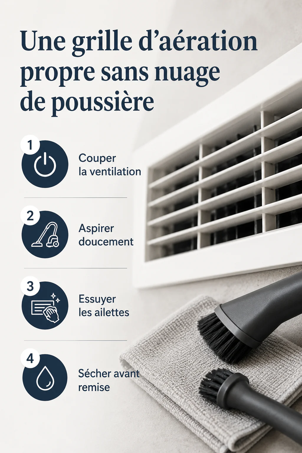 Infographie des gestes pour nettoyer une grille d’aération
