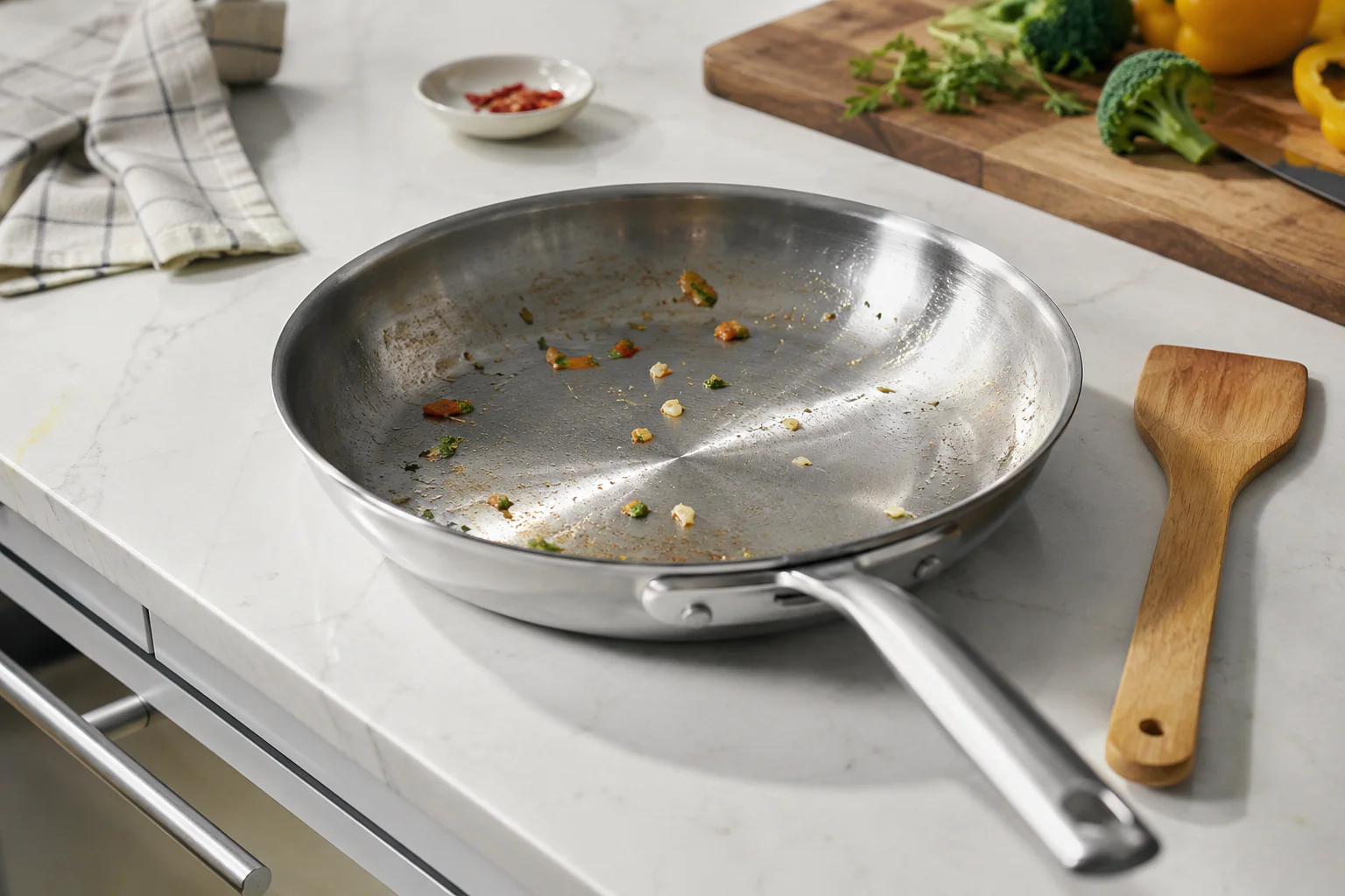 Poêle avec quelques aliments collés et spatule en bois