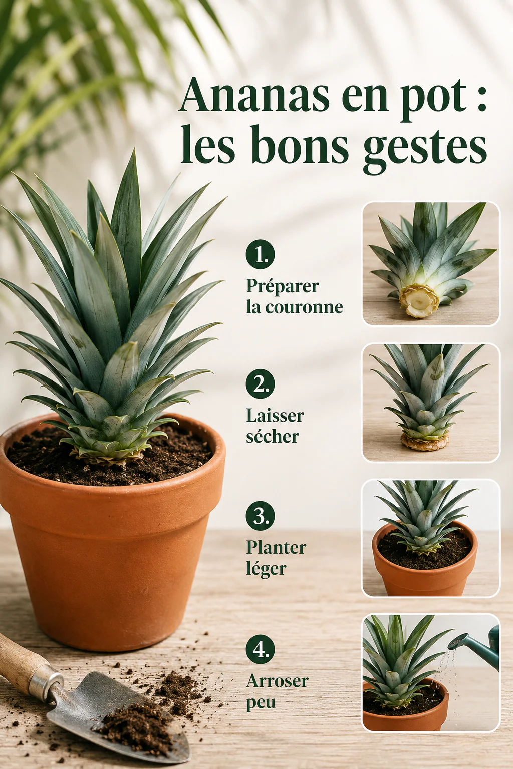 Infographie des bons gestes pour faire pousser un haut d'ananas en pot