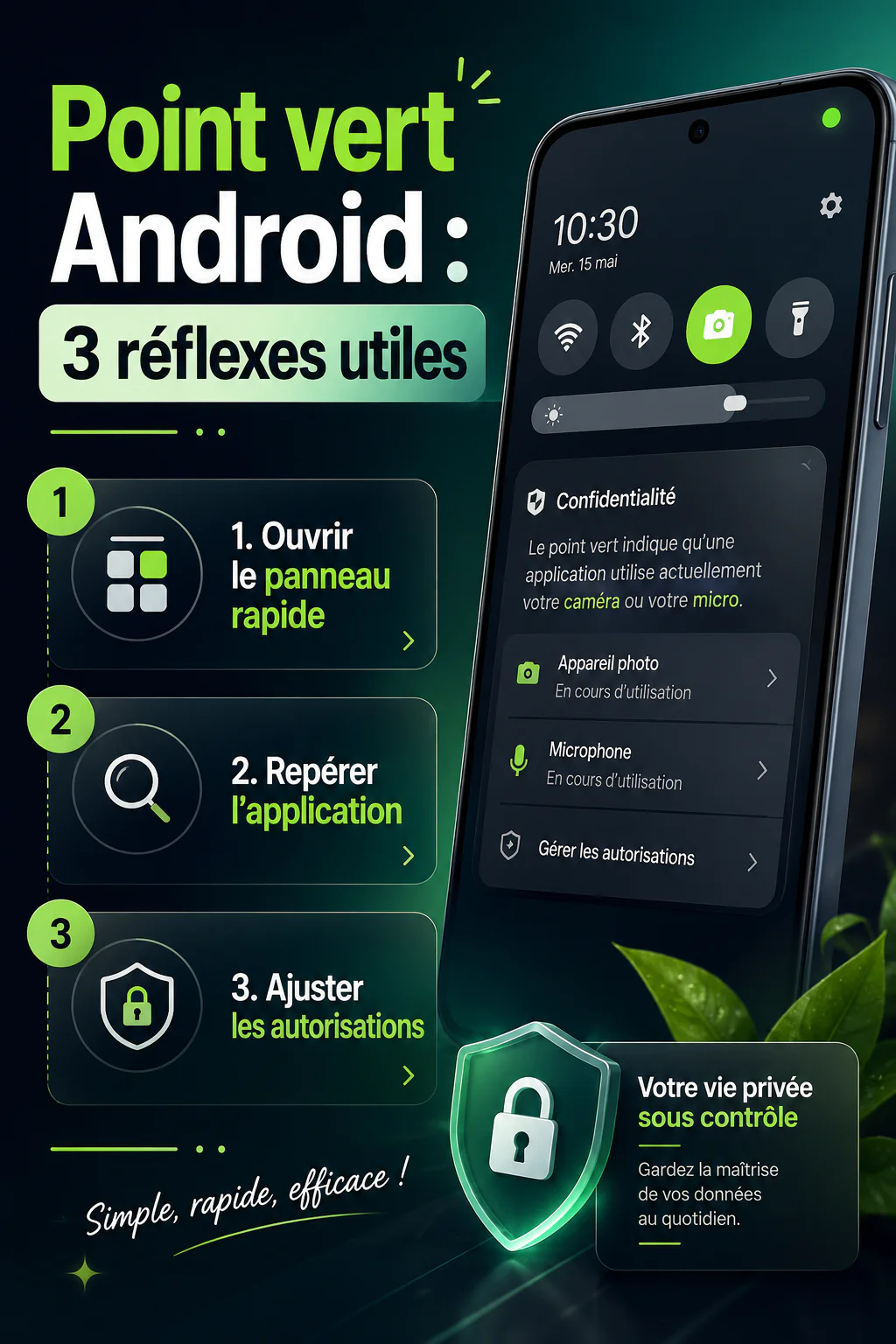 Infographie avec trois reflexes utiles quand le point vert apparait sur Android