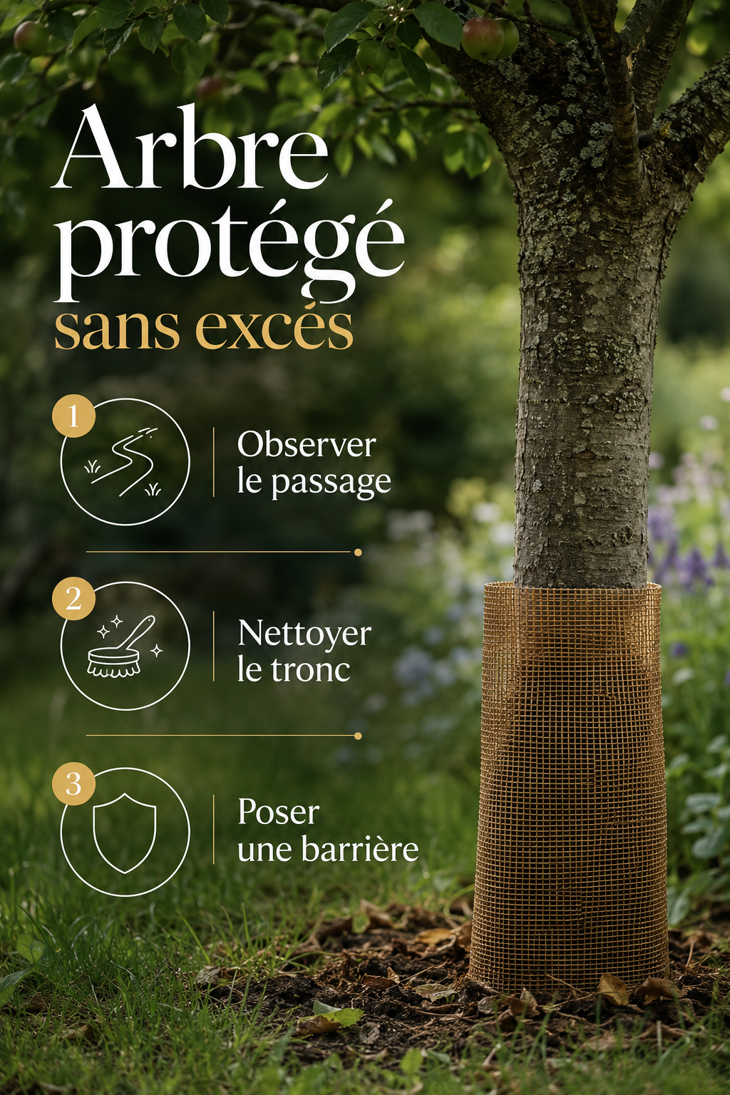Infographie avec trois gestes pour protéger un arbre des fourmis sans excès