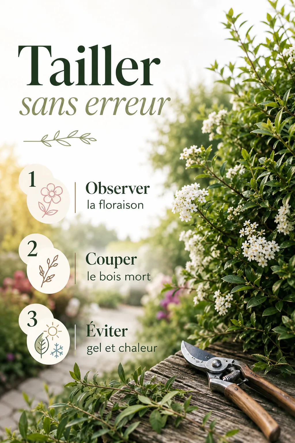 Infographie avec trois reperes pour tailler les arbustes