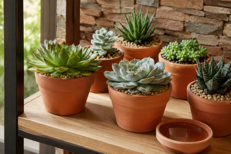 Succulentes en pots avec substrat sec et coupelle à surveiller