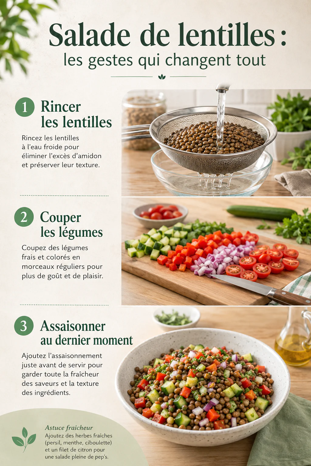 Infographie des gestes pour réussir une salade de lentilles fraîche