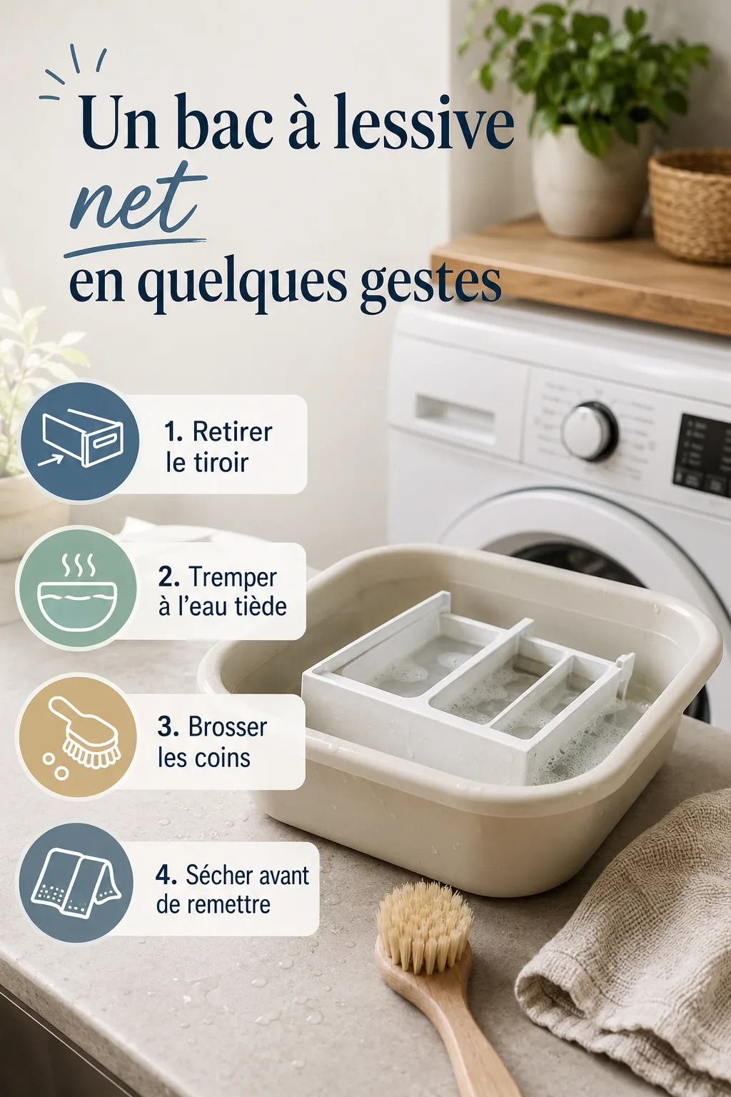 Infographie avec étapes pour nettoyer un bac à lessive
