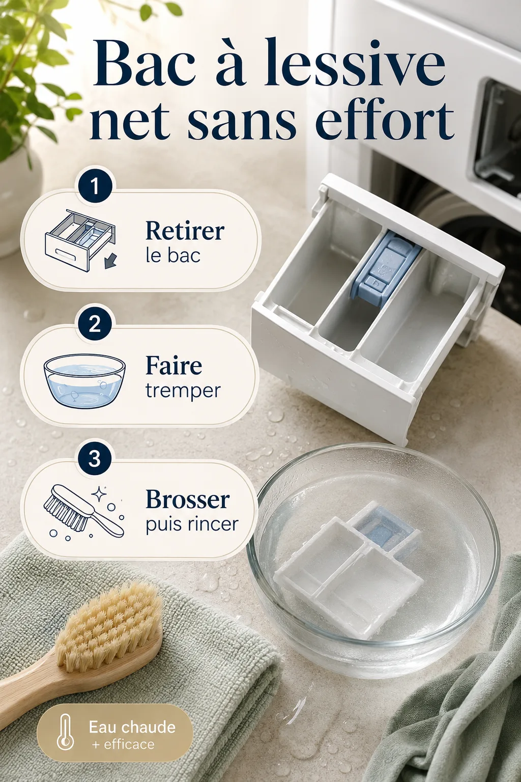 Infographie avec les étapes pour nettoyer un bac à lessive