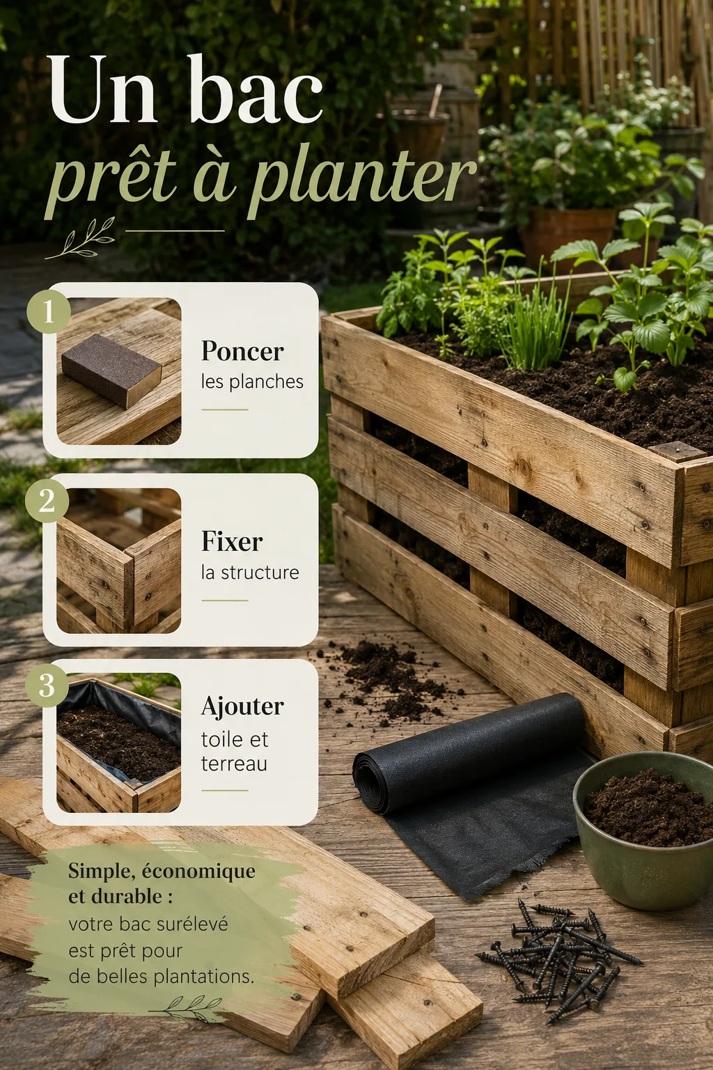 Infographie montrant les étapes pour fabriquer un bac en palette prêt à planter