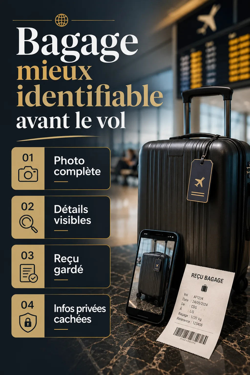 Infographie avec étapes pour identifier un bagage avant le vol