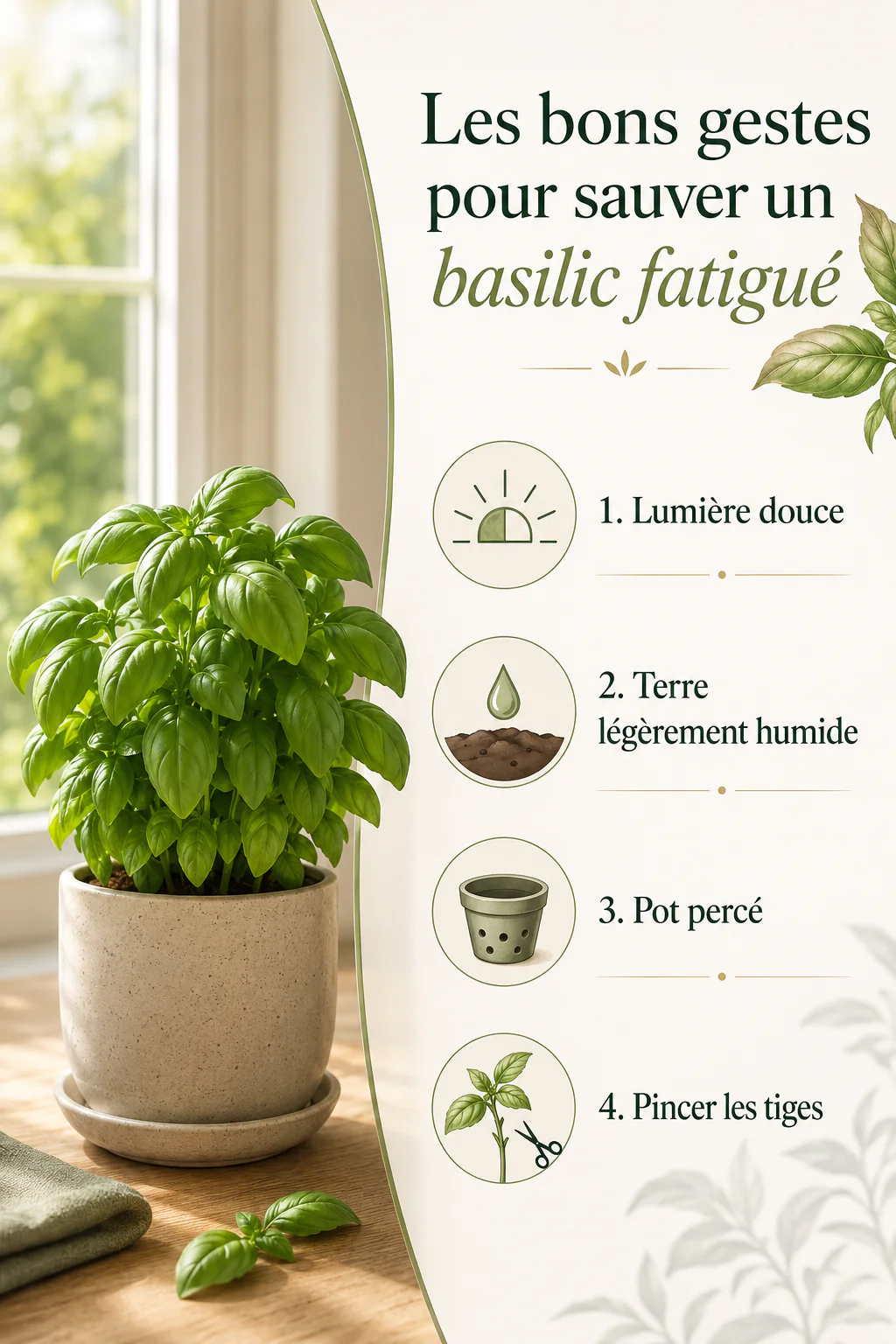 Infographie des gestes pour sauver un basilic fatigué en pot