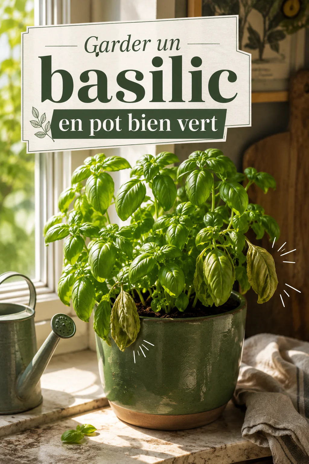 Visuel Pinterest avec le titre Garder un basilic en pot bien vert