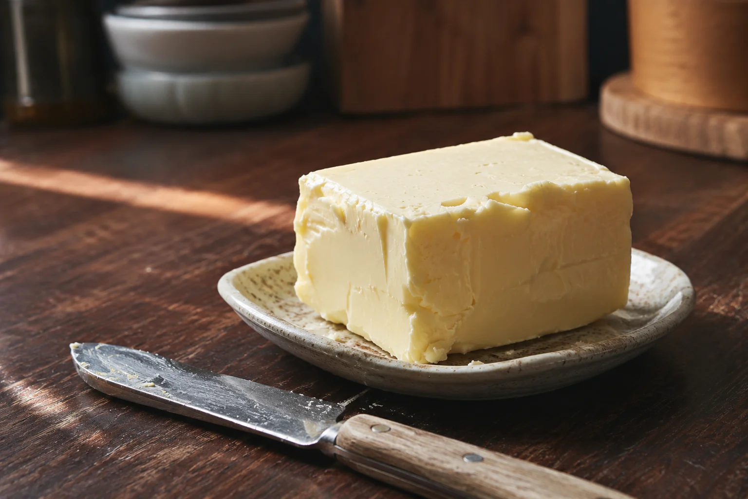Bloc de beurre froid sur une assiette avec couteau