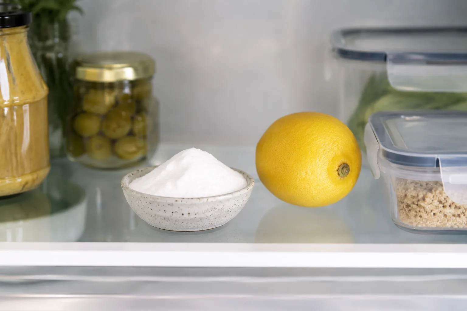 Coupelle de bicarbonate sur une étagère de cuisine propre