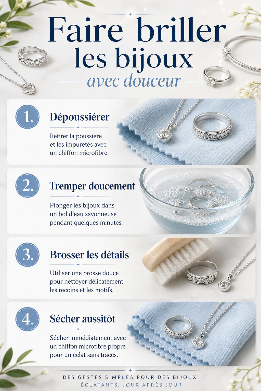 Infographie des étapes pour faire briller les bijoux avec douceur