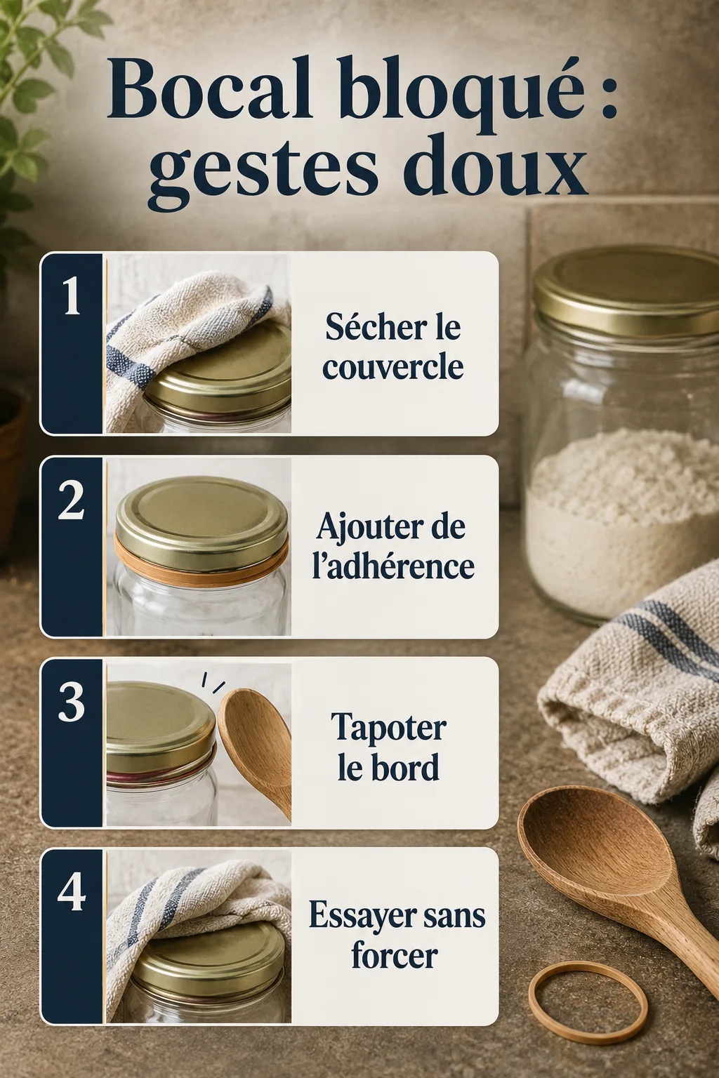 Infographie montrant les gestes doux pour ouvrir un bocal bloqué