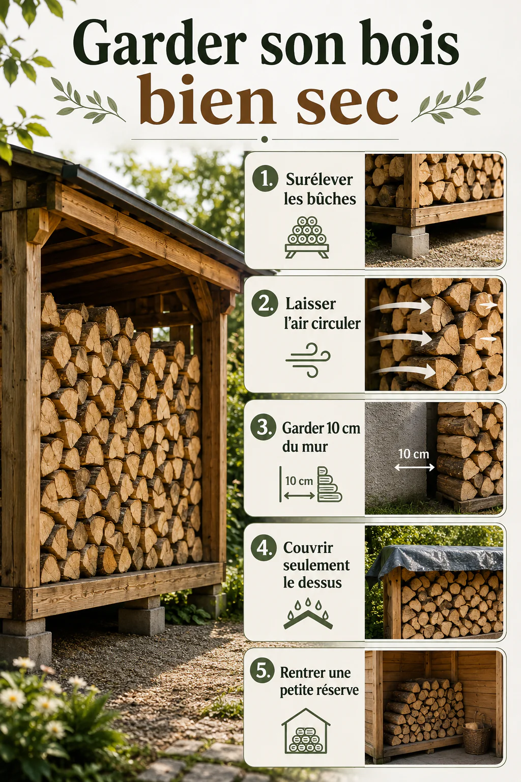 Infographie des étapes pour garder son bois de chauffage bien sec