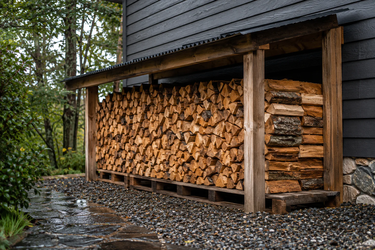 Bois de chauffage stocké dehors sous abri ouvert et surélevé pour rester sec