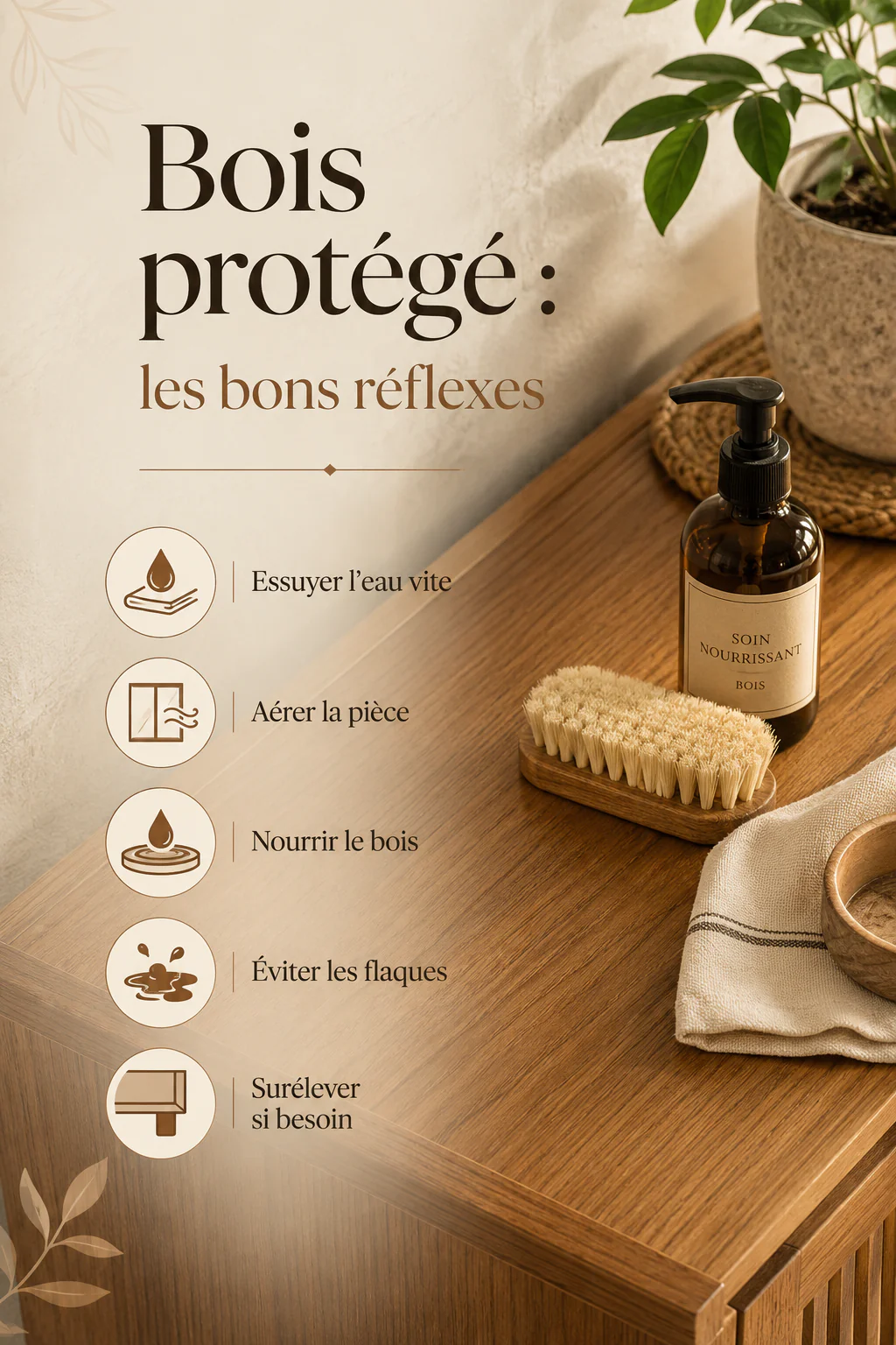 Infographie des bons réflexes pour protéger un meuble en bois