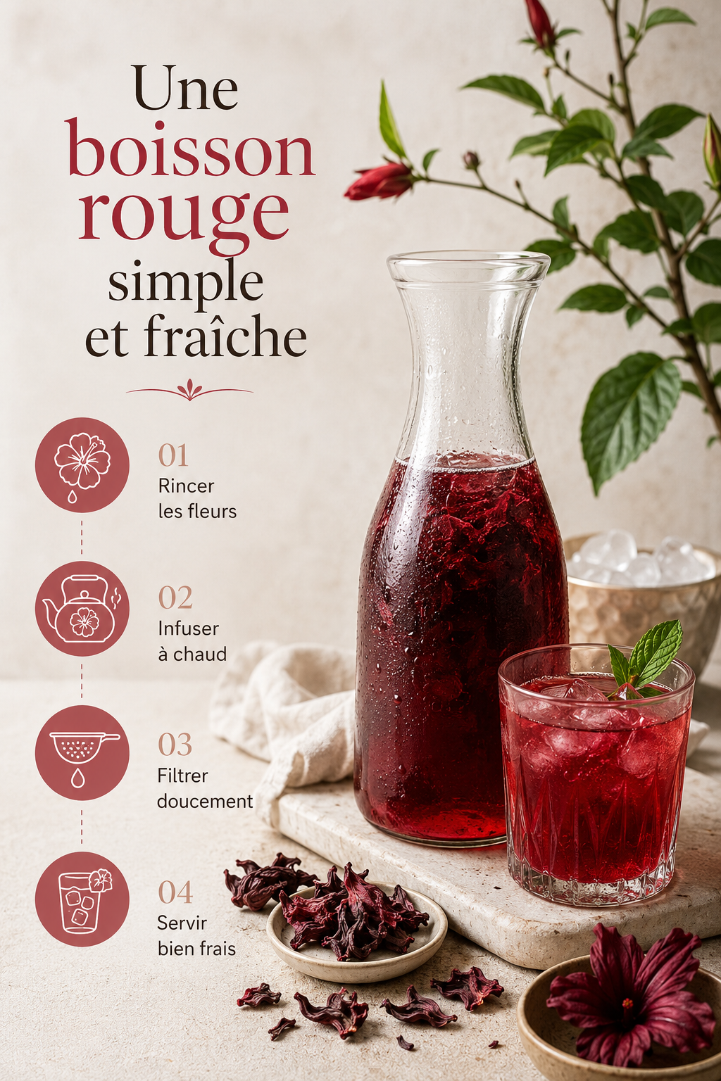 Infographie avec étapes pour préparer une eau d'hibiscus maison