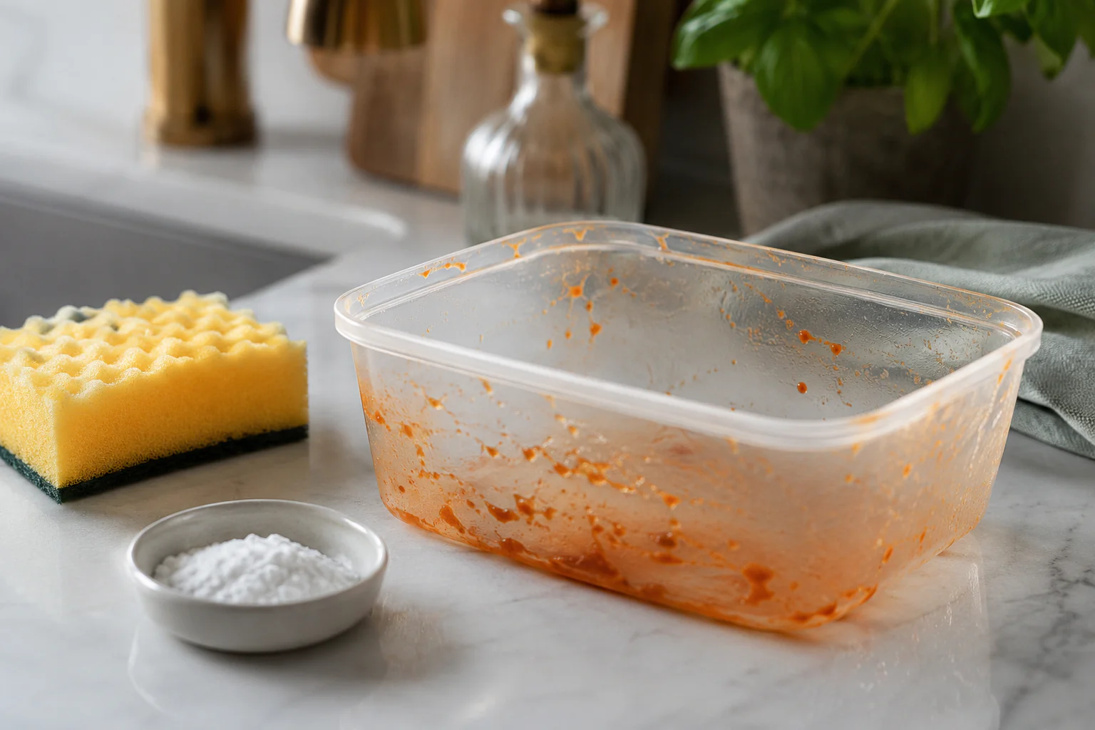 Boîte plastique tachée orange avec bicarbonate et chiffon doux