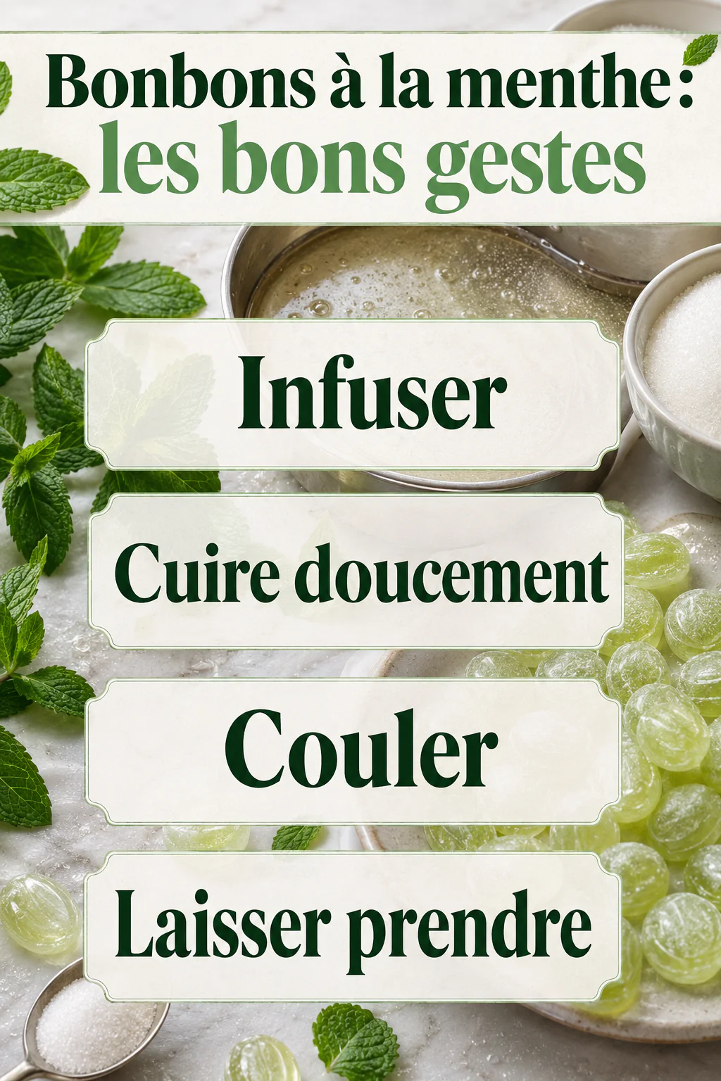Infographie des gestes principaux pour réussir des bonbons à la menthe maison