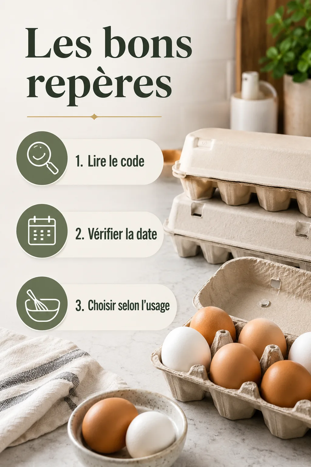 Infographie avec trois reperes pour choisir des oeufs