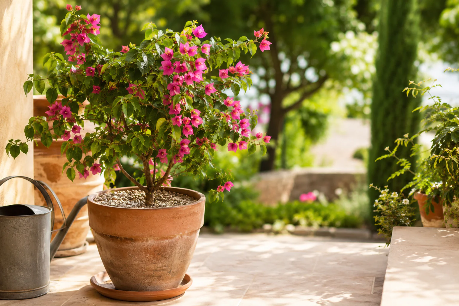 Bougainvillier en pot sur une terrasse lumineuse avec fleurs roses