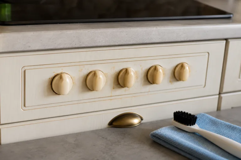 Boutons de cuisine jaunis avec brosse et chiffon