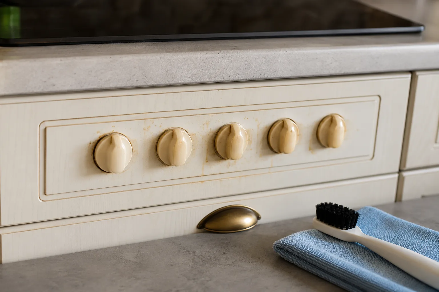 Boutons de cuisine jaunis avec brosse et chiffon