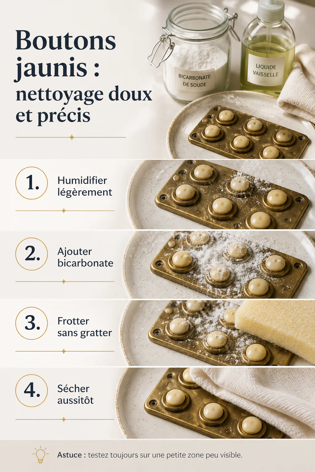 Étapes courtes pour nettoyer des boutons de plaque jaunis sans gratter