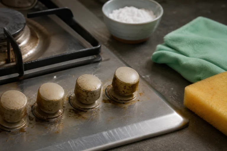 Boutons de plaque de cuisson jaunis avec bicarbonate et microfibre