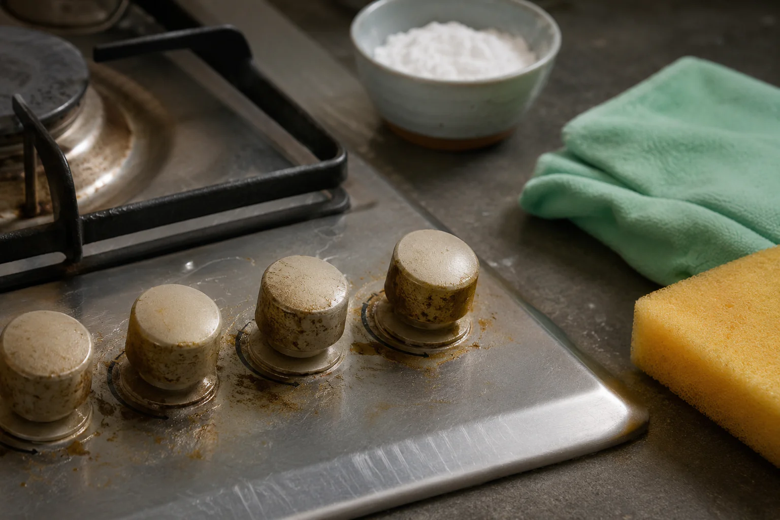 Boutons de plaque de cuisson jaunis avec bicarbonate et microfibre