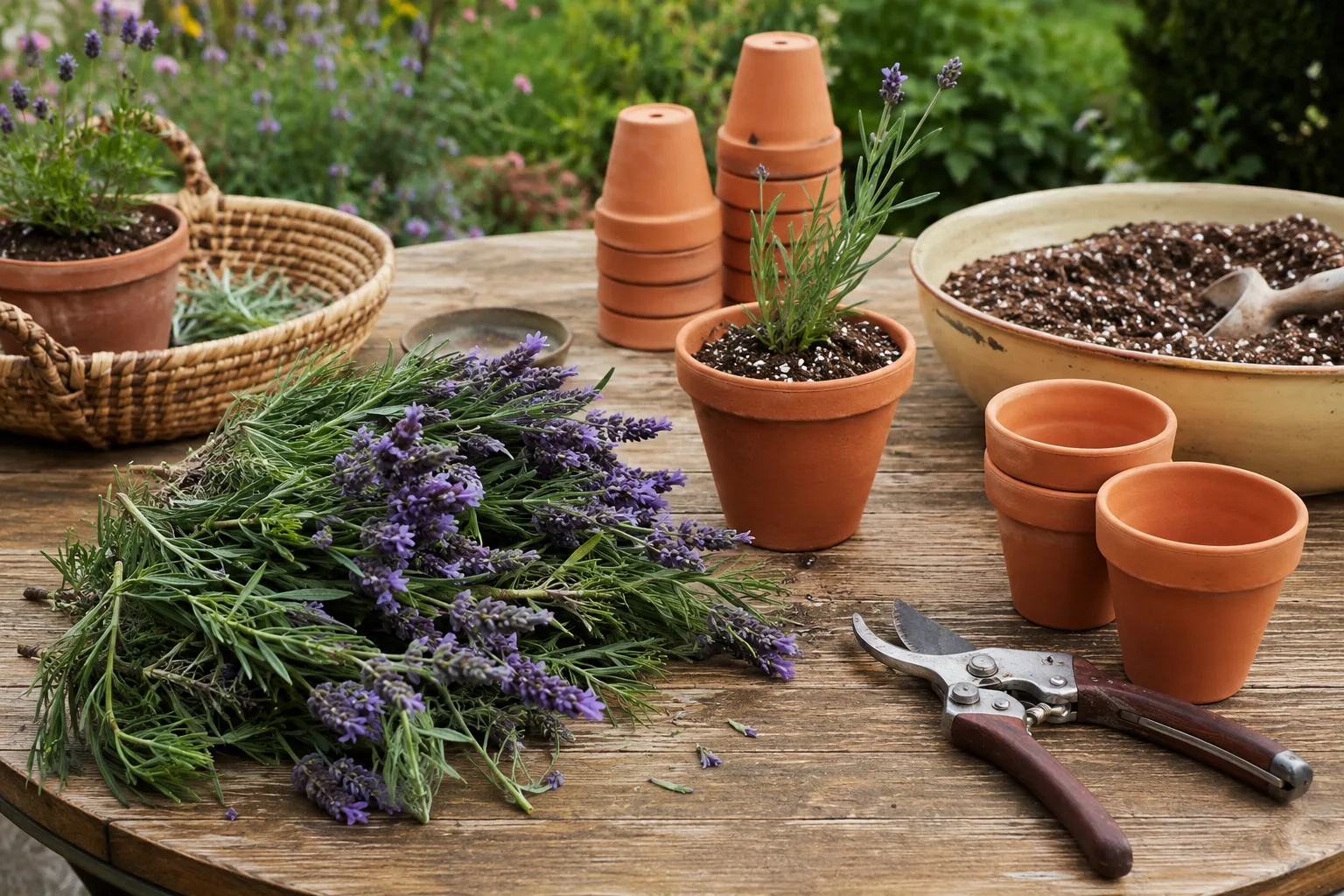 Boutures de lavande préparées sur une table de jardin