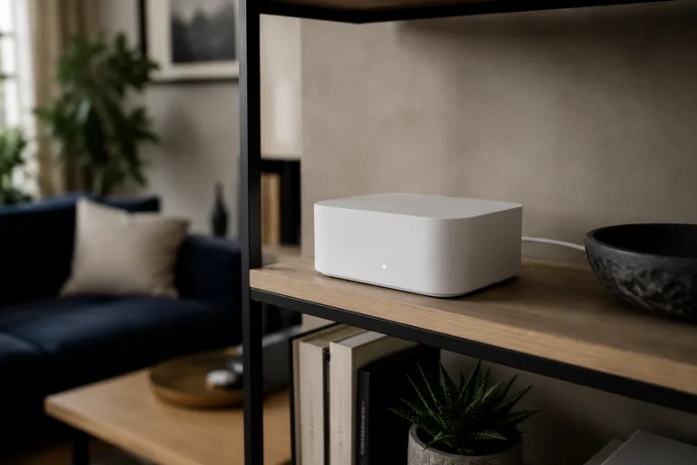 Box Wi-Fi moderne sur une étagère avec voyant lumineux