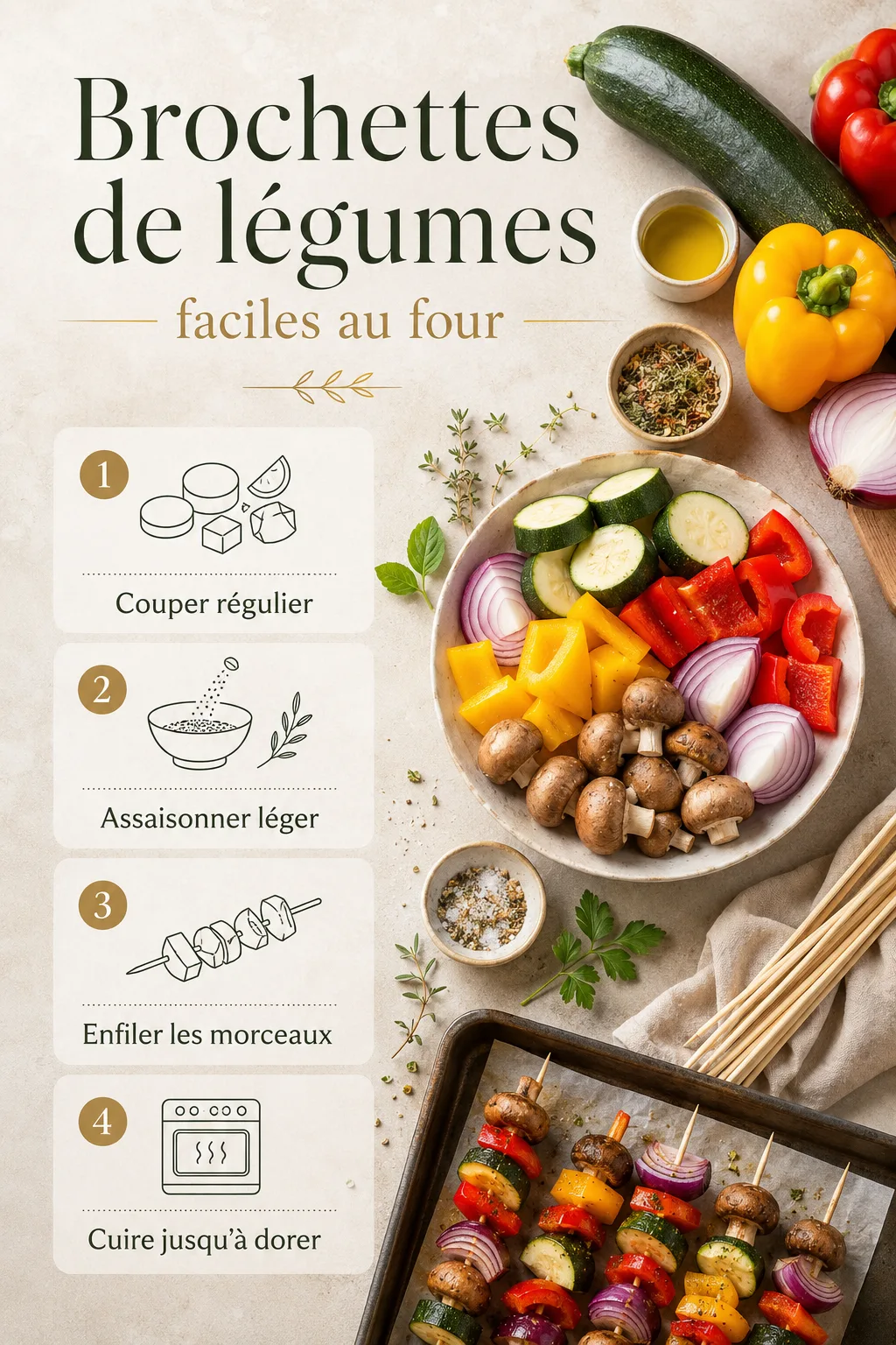 Infographie étapes pour faire des brochettes de légumes au four