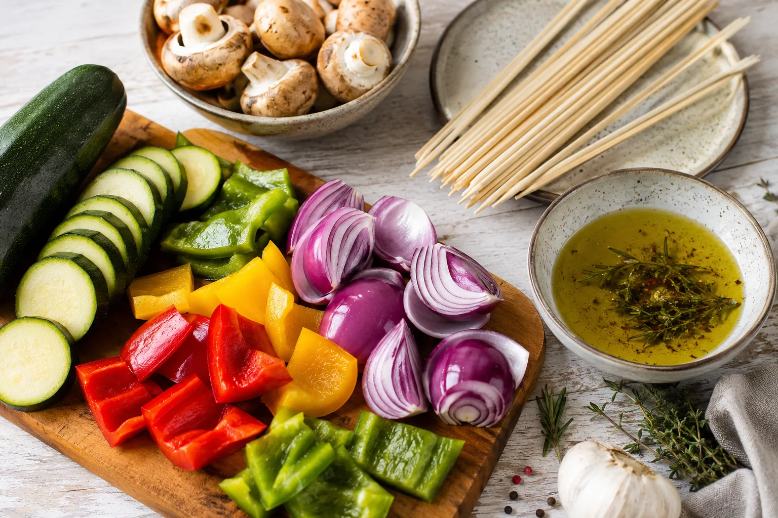Ingrédients pour préparer des brochettes de légumes au four