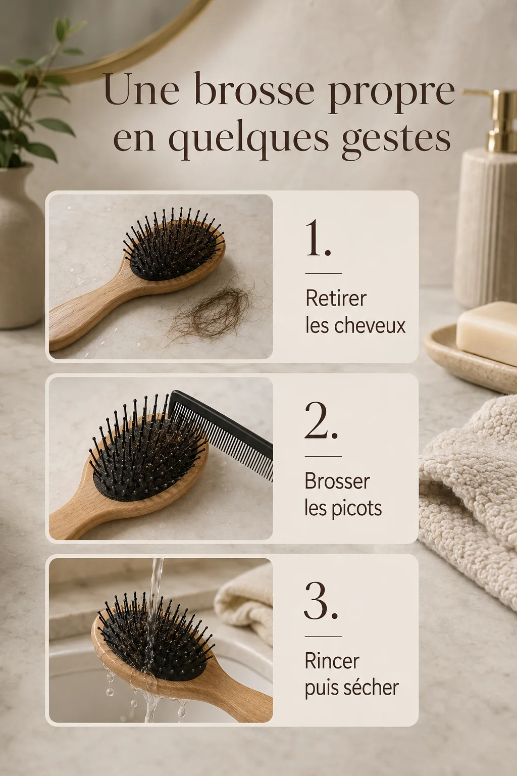 Infographie des étapes pour nettoyer une brosse à cheveux