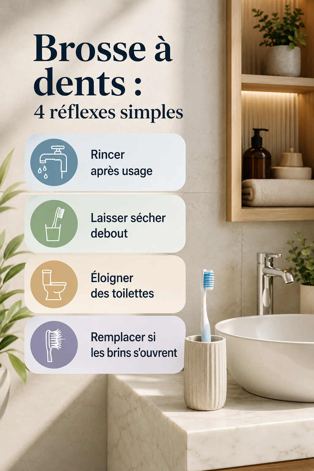 Infographie avec quatre réflexes simples pour garder une brosse à dents propre