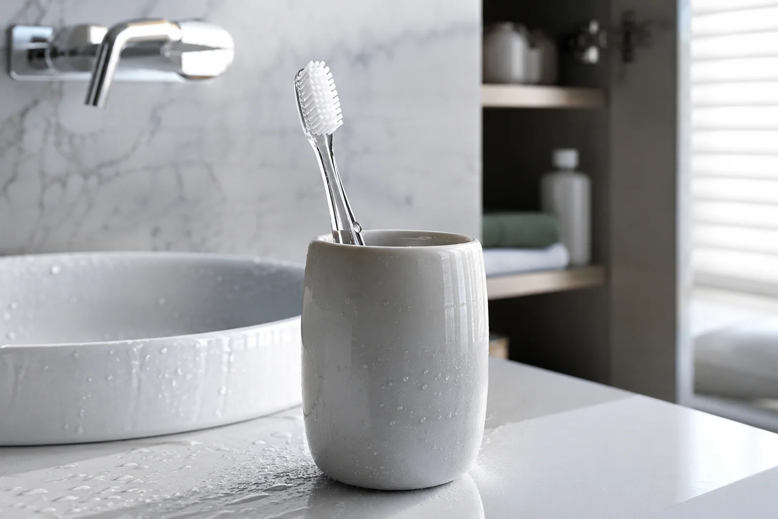 Brosse à dents propre dans un gobelet de salle de bain