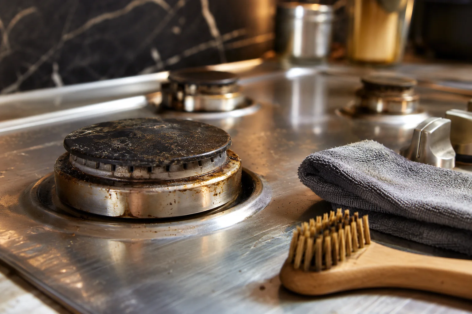 Brûleur de gaz encrassé avec brosse et chiffon