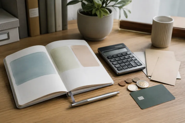 Carnet de budget avec calculatrice et enveloppes sur un bureau