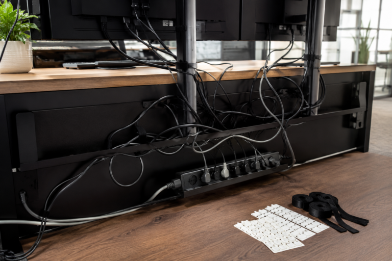 Câbles emmêlés derrière un bureau avec attaches et étiquettes de rangement