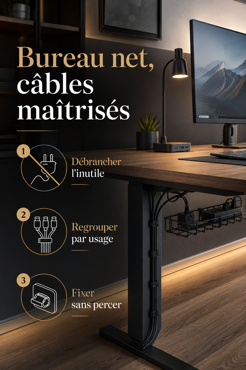Infographie avec trois gestes pour ranger les câbles du bureau sans percer