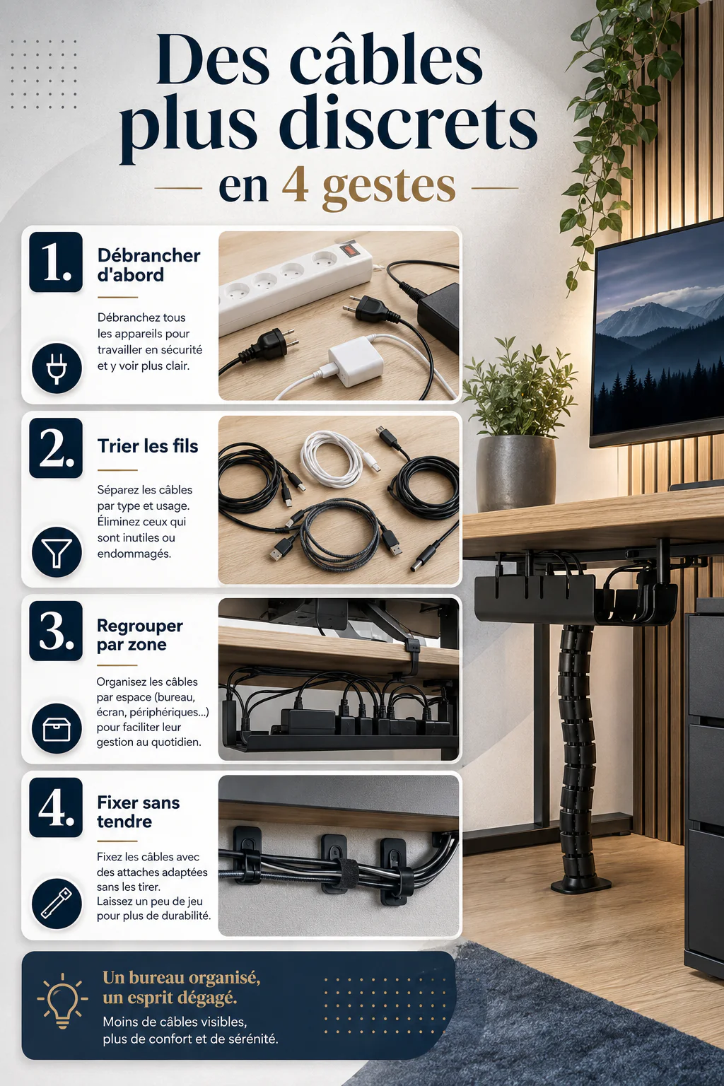 Infographie des étapes pour rendre les câbles plus discrets