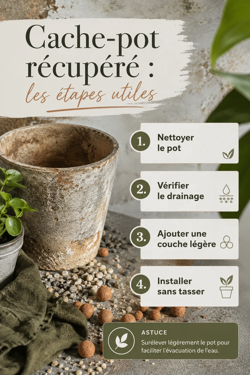 Infographie des étapes utiles pour transformer un vieux pot en cache-pot