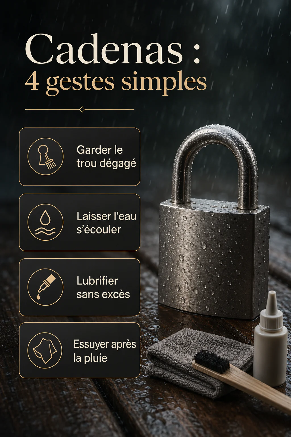 Infographie avec quatre gestes simples pour entretenir un cadenas exposé à la pluie