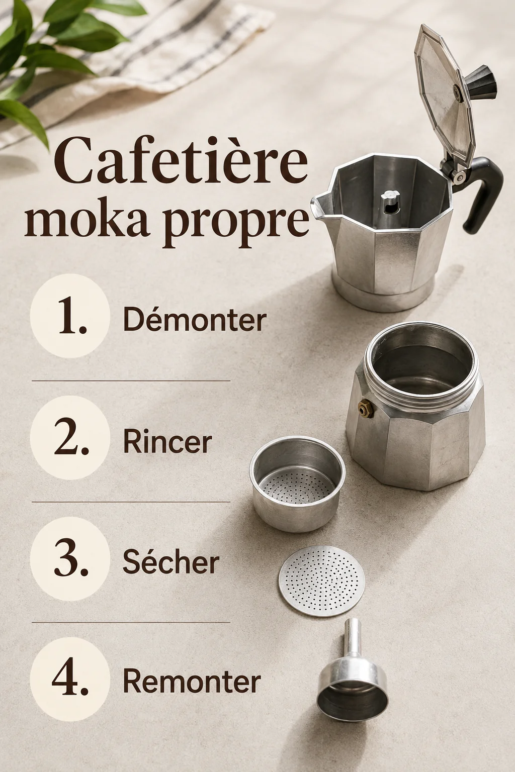 Infographie des étapes pour nettoyer une cafetière moka