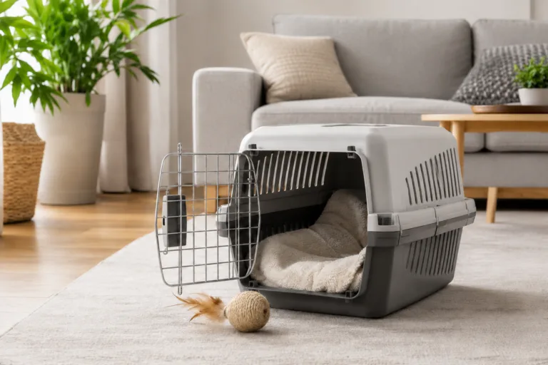 Caisse de transport ouverte avec couverture douce pour habituer un chat