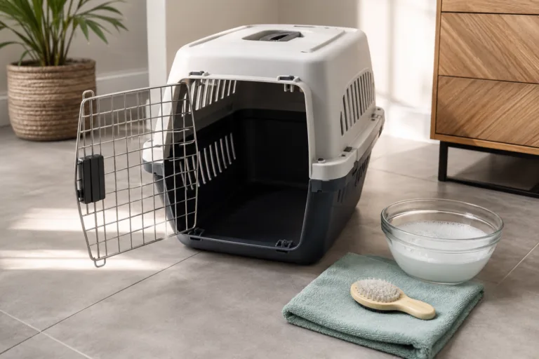 Caisse de transport pour chat vide avec accessoires de nettoyage doux