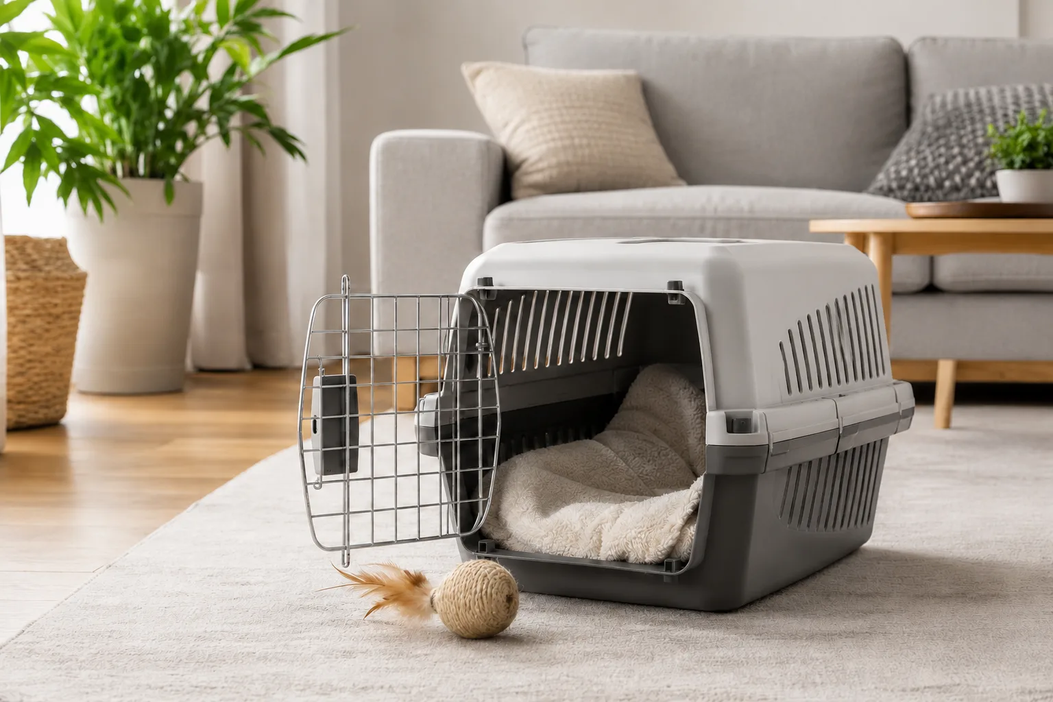 Caisse de transport ouverte avec couverture douce pour habituer un chat